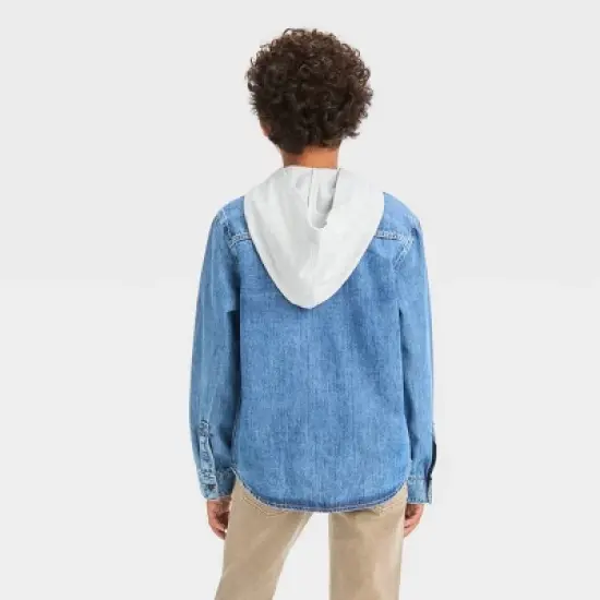 Boys' Long Sleeve Hooded Shacket - Cat & Jack&trade; Medium Wash image {1}