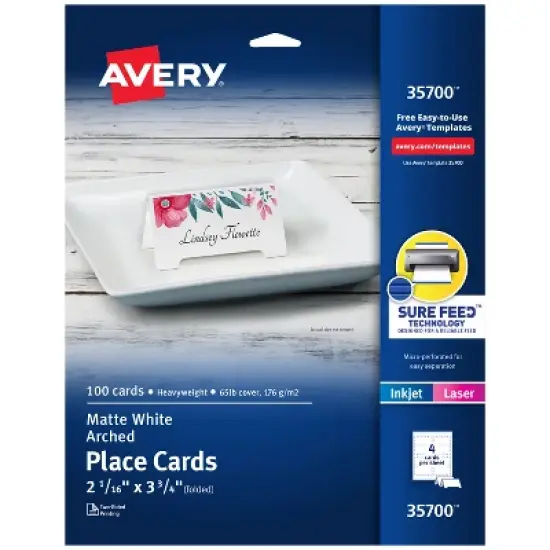 Avery Printable Arched Place Cards with Sure Feed Technology, 2-1/16" x 3-3/4", White, 100 Blank Tent Cards for Laser or Inkjet Printers (35700) image {9}