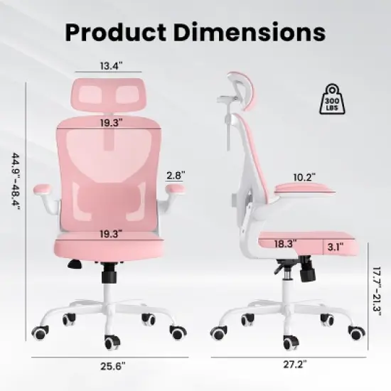 GlasFlength Task and Office Chairs with Support Armrest，Ergonomic, Adjustable，Computer Chair and Gaming Chair, Pink, 25.6"*27.2"*48.4" image {2}