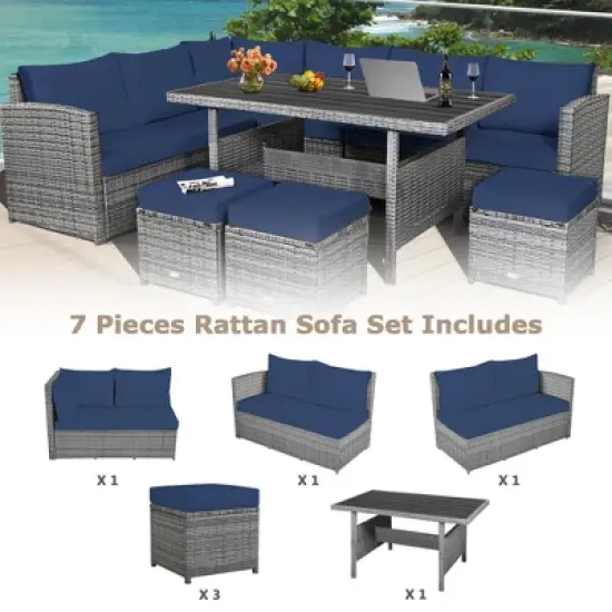 Tangkula 7PCS Rattan Patio Sectional Sofa Set Conversation Set w/ Navy Cushions image {6}