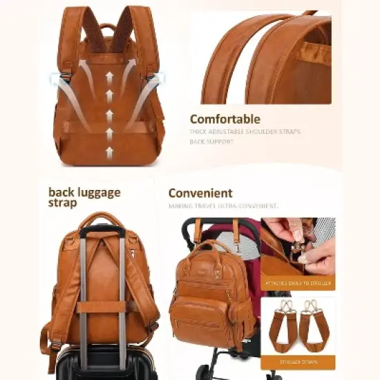Premium Vegan Leather Diaper Bag Backpack with Waterproof Changing Pad  - Brown image {2}