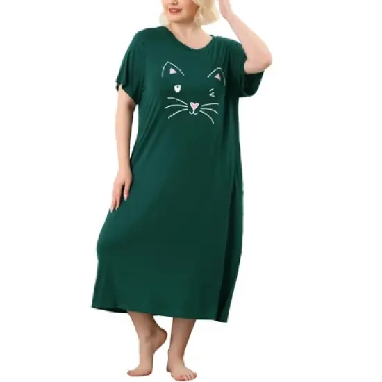 Agnes Orinda Womens Plus Size Short Sleeve Cute Cat Print Pockets Nightgown image {14}