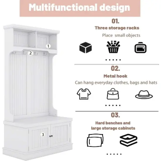 Acekool 4-in-1 Hall Tree with Storage Shoe Bench, Coat Rack with 4 Hooks, Entryway Organizer with Display Shelves & Cabinet, White image {3}
