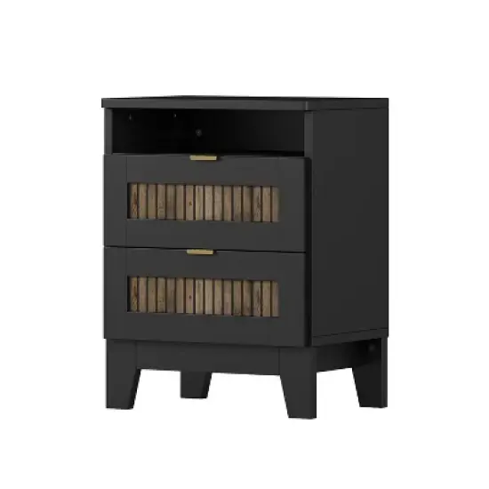 Kumasinova Farmhouse Wood Nightstand with 2 Drawers,Side Table with Metal Handles,Night Stand with Strip Stickers Decoration,Bedside Table for Bedroom image {3}