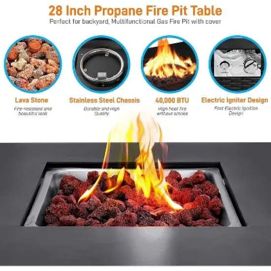 SereneLife CSA Approved Outdoor Fire Table: 40,000 BTU, Pulse Ignition, Propane Gas, Tabletop Design, Rattan-Look Steel, Lava Rock Set SLFPS3. image {4}