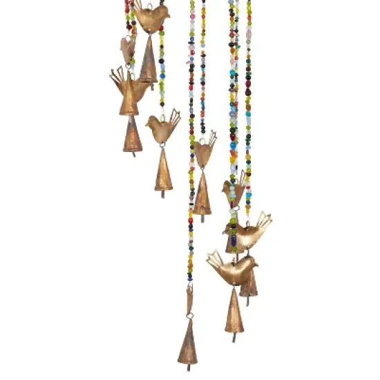 26" x 7" Eclectic Metal Birds Windchime with Beaded Strands Gold - Olivia & May: Indoor Musical Decor image {3}
