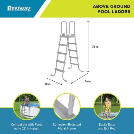 Bestway Flowclear 52 Inch Safety Ladder for Above Ground Outdoor Swimming Pools with Non-Sip Steps and Reliable Arm Rail, Gray image {1}