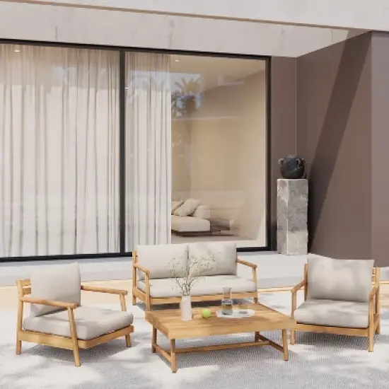 Christopher Knight Home Selina 4 Piece Rustic Outdoor Slatted Design Acacia Wood Upholstered Seating Set image {9}