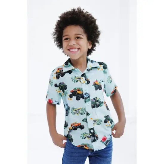 Monster Jam Grave Digger El Toro Loco Megalodon Truck Matching Family Hawaiian Button Down Shirt Toddler image {1}