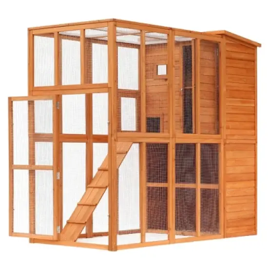 PawHut Cat House Outdoor Catio Kitty Enclosure with Platforms Run Lockable Doors and Asphalt Roof, 77" x 37" x 69" image {3}