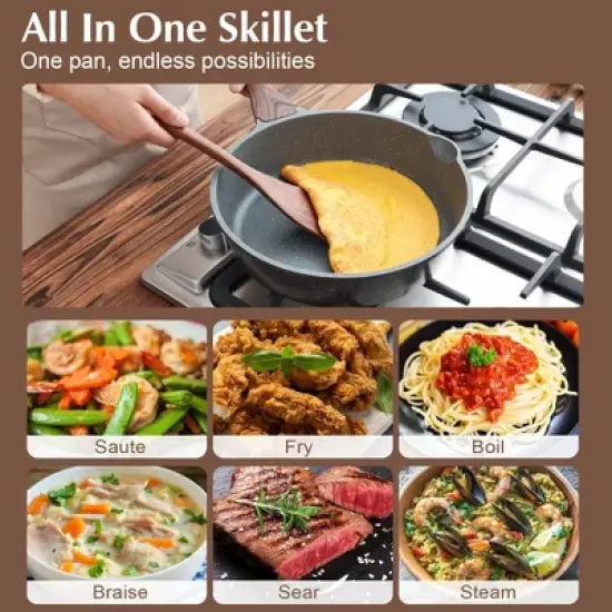 Itopfox Nonstick Skillet with Lid, Deep Frying Pan, Saute Pan, Stay-cool Handle, Healthy Stone Cookware, Induction Compatible image {7}