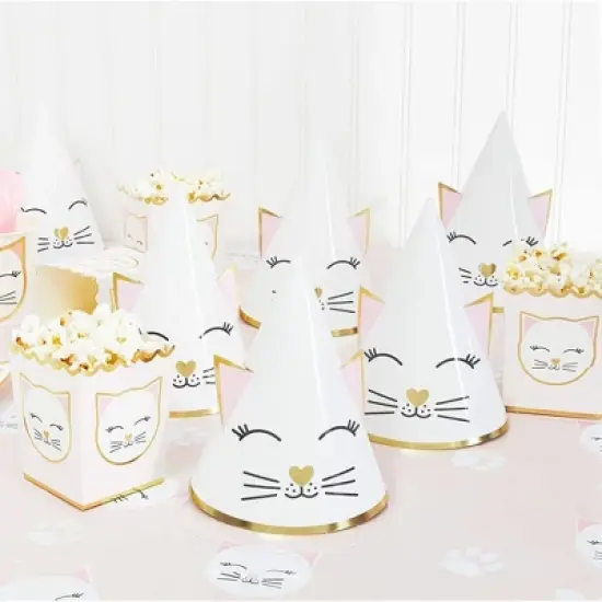 Sparkle and Bash 24-Pack Cat Party Cone Hats for Kitten Themed Kids Birthday Supplies and Decorations, White image {1}