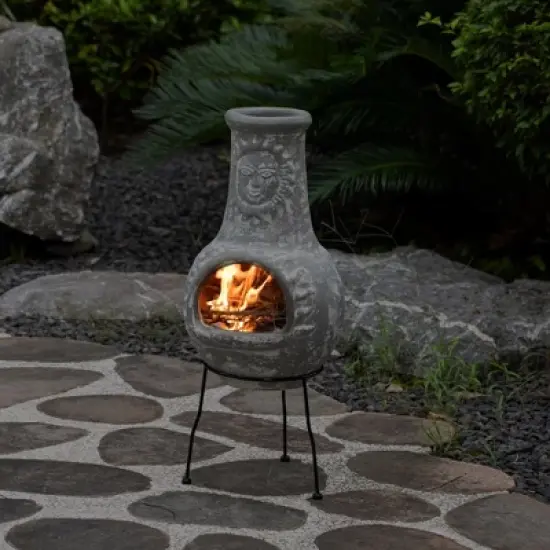Vintiquewise Outdoor Clay Chiminea Fireplace Sun Design Wood Burning Fire Pit with Sturdy Metal Stand, Barbecue, Cocktail Party, Cozy Nights Fire Pit image {1}