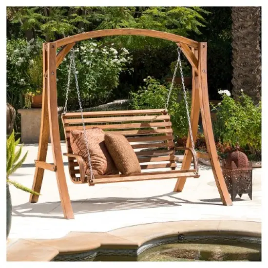 Tulip Larch Wood Patio Swinging Loveseat - Natural - Christopher Knight Home image {1}