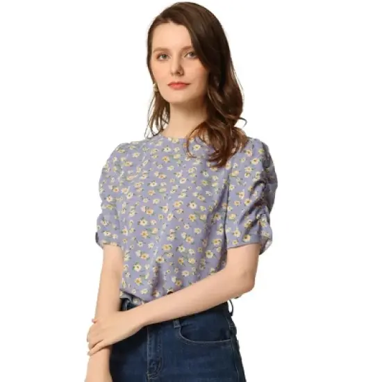 Allegra K Women's Floral Crew Neck Summer Casual Shirred Short Sleeve Blouse image {19}