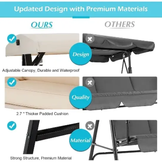 COWLOWN Beige Outdoor 2 Seat Swing Chair with Adjustable Canopy and Removable Cushion, Suitable for Backyard, Garden, Yard, Poolside, Balcony image {3}