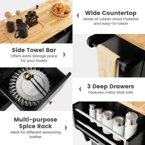 Costway Kitchen Island on Wheels Rolling Utility Cart Drawers Cabinets Spice Rack Black/White image {8}