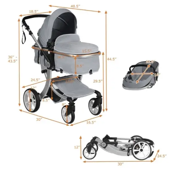 Infans Folding Aluminum Infant Reversible Baby Stroller W/ Diaper Bag Grey image {6}