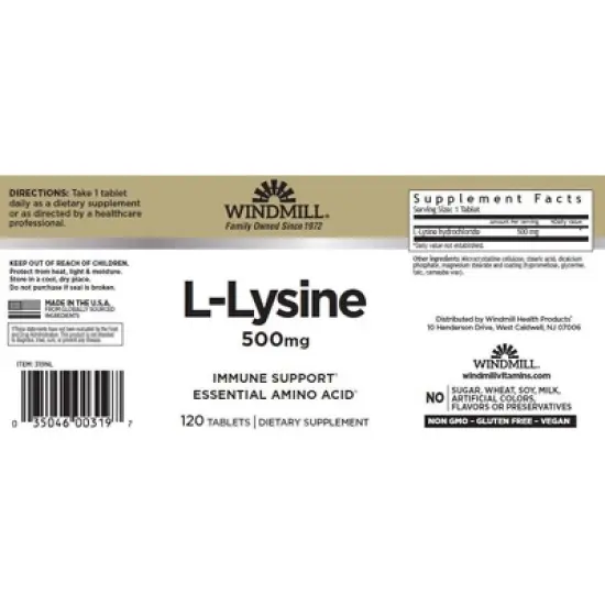 Windmill L-Lysine HCl 500 mg - 120 Tablets image {1}