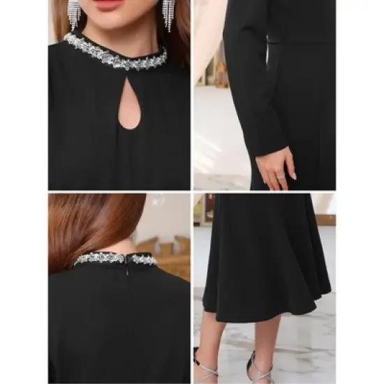 INSPIRE CHIC Women's Evening Fishtail Long Sleeve Sequin Trim Bodycon Formal Cocktail Midi Dresses image {4}