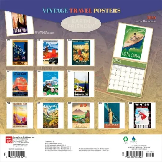 BrownTrout Vintage Travel Posters 2026 12"x24" Hanging Square Wall Calendar Plastic-Free image {1}
