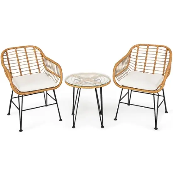 Costway 3PCS Patio Rattan Bistro Furniture Set Cushioned Chair Table image {9}