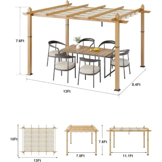 10x10ft Outdoor Aluminum Pergola Retractable UPF 50+ Waterproof Canopy, Wood Grain Frame, Tool-Free Assembly image {2}