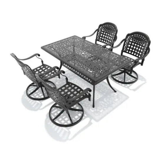 5-Piece Outdoor Dining Set, Cast Aluminum Rectangle Table with Swivel Chairs, Blue Cushions, Umbrella Hole image {4}