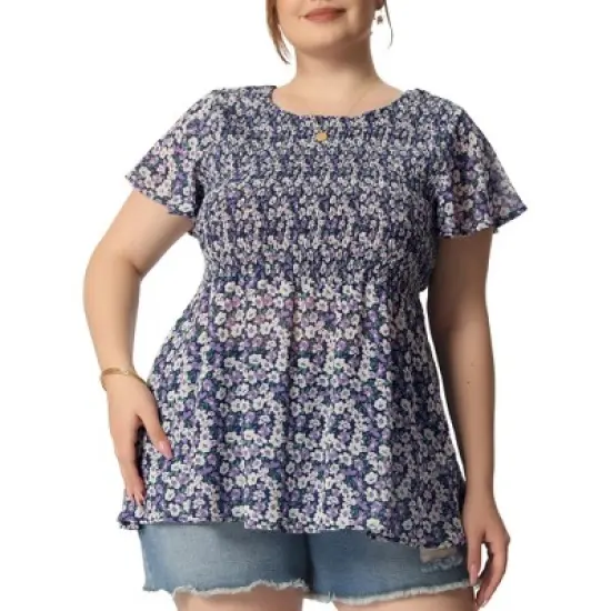 Agnes Orinda Women's Plus Size Chiffon Smock Waist Ditsy Floral Peplum Blouse image {9}