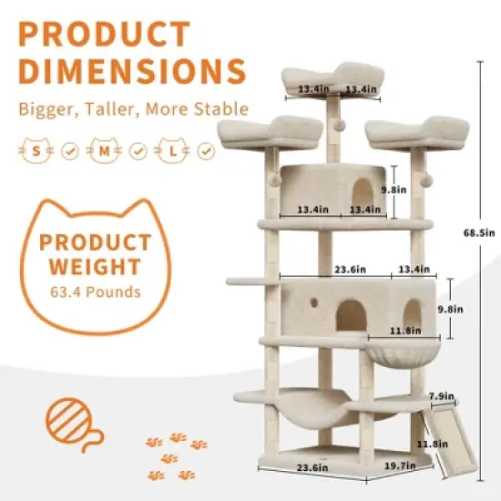 Large Multi-Level Cat Tree 68.5 Inches Heavy Duty Cat Tower for Indoor Large Cats 20 lbs+ image {6}