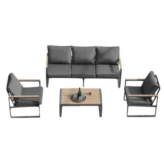 4-Piece Outdoor Patio Furniture Set,Modern Iron Conversation Set with Grey Cushions And Faux Wood Grain Frame-Maison Boucle image {3}