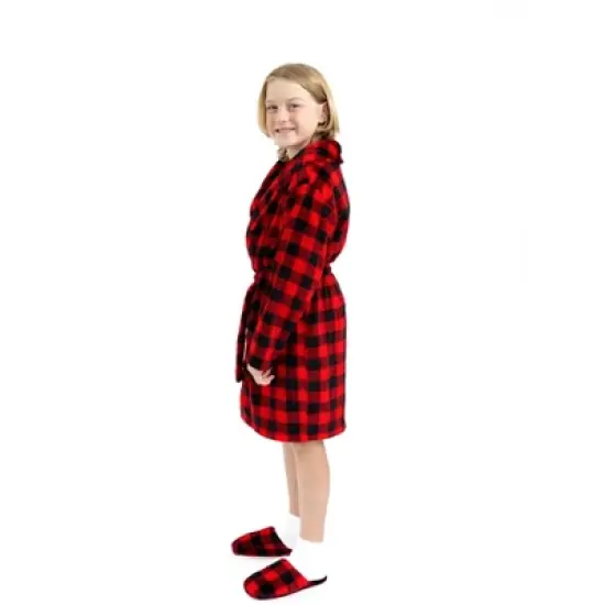 Sleep On It Boys Red Buffalo Plaid Plush Fleece Shawl Collar Robe with Matching Slippers image {2}