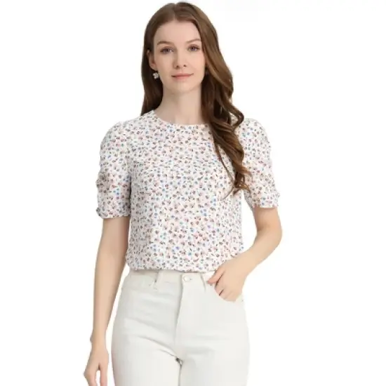 Allegra K Women's Floral Crew Neck Summer Casual Shirred Short Sleeve Blouse image {7}