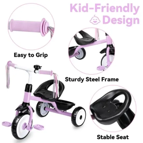 Itopfox Toddler Tricycle for Ages 2-4 Years, Kids Trike with Bell and Back Basket, 3 Wheel Bike Riding Toy Gift for Girls, Purple image {2}