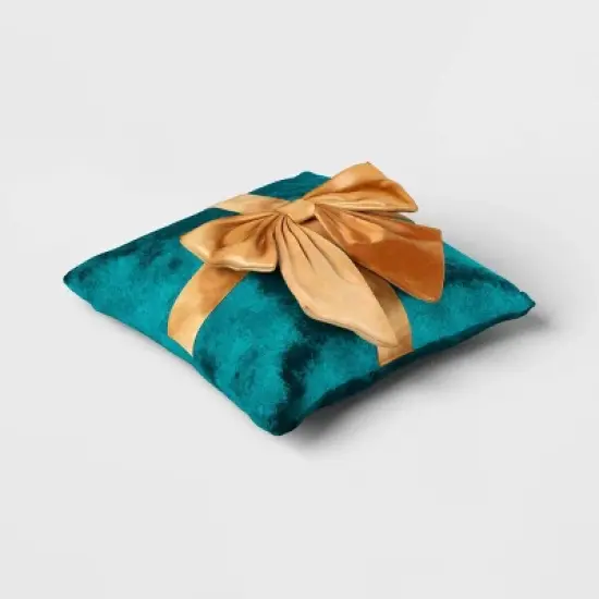 16"x6" Christmas Green Velvet Square Pillow with Teal Bow - Wondershop&trade; image {2}