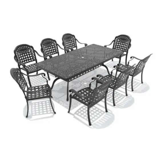 9-Piece Cast Aluminum Outdoor Dining Set: Rectangle Table, Stackable Chairs & Blue Cushions - All-Weather Patio Furniture for Your Backyard image {2}