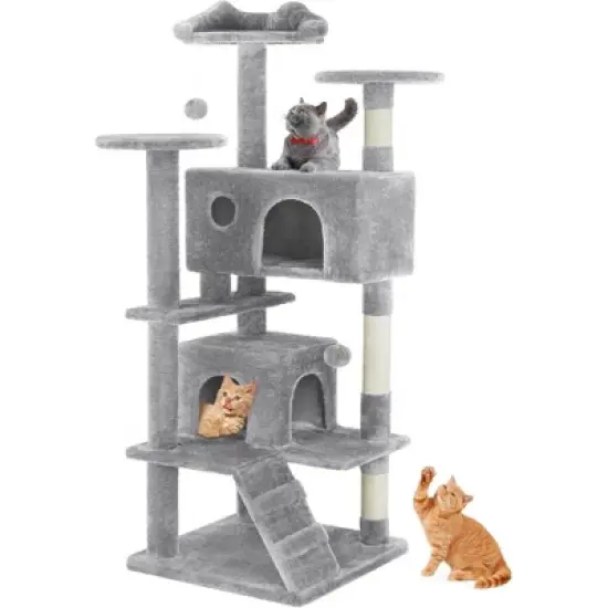 Aukfa 54-Inch Cat Tree Tower with Scratching Posts, Double Condos & Dangling Toys - Beige Pet Playhouse for Kittens and Cats, Multicolor image {10}
