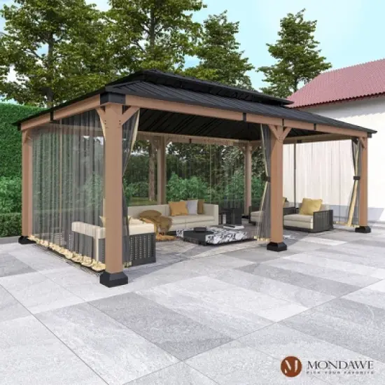 Mondawe 12x20Ft. Outdoor Solid Wood Frame Patio Gazebo Galvanized Steel Hardtop with Netting image {2}