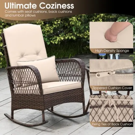 Tangkula 3 Piece Rocker Set Outdoor Wicker Rocking Chairs with Double-Layer Rattan Rocker Chair Set with Back Cushions & Pillows Beige/Gray/Blue/Red image {6}