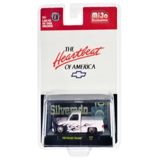 1980 Chevrolet Silverado Pickup Truck White with Blue Flames Ltd Ed to 6050 pcs 1/64 Diecast Model Car by M2 Machines image {2}