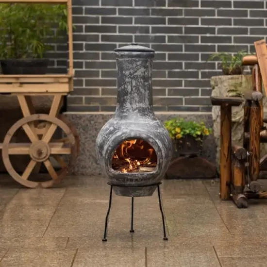Vintiquewise Indoor and Outdoor Stoney Grey Clay Chimenea Scribbled Design Fire Pit with Metal Stand image {1}