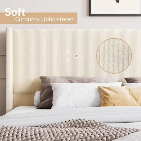 Bed Frame, Upholstered Platform Corduroy Bed Frame with Vertical Channel Tufted Wingback Headboard, Strong Wooden Slats, No Box Spring Needed image {4}