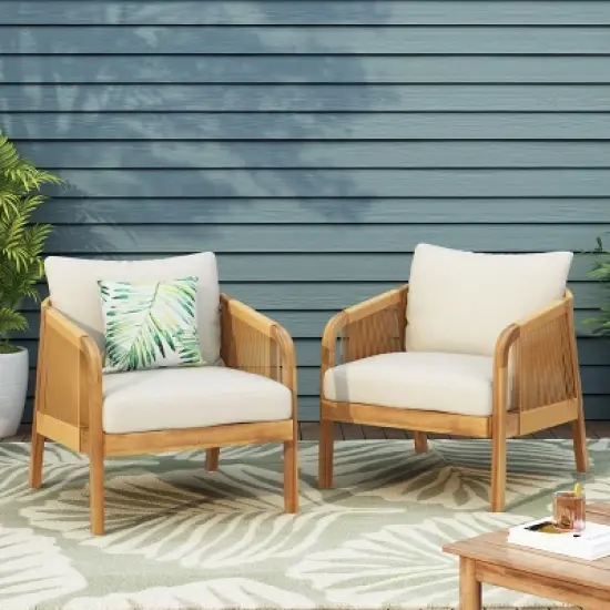 Christopher Knight Home Allerton Outdoor Acacia Wood and Wicker Club Chair with Cushions, Teak and Beige image {6}