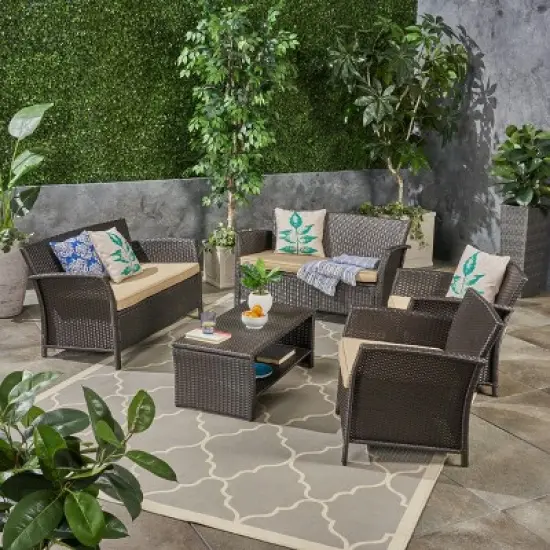 Christopher Knight Home Lucia Outdoor Wicker 6 Seater Chat Set with Cushion, Brown/Tan image {1}