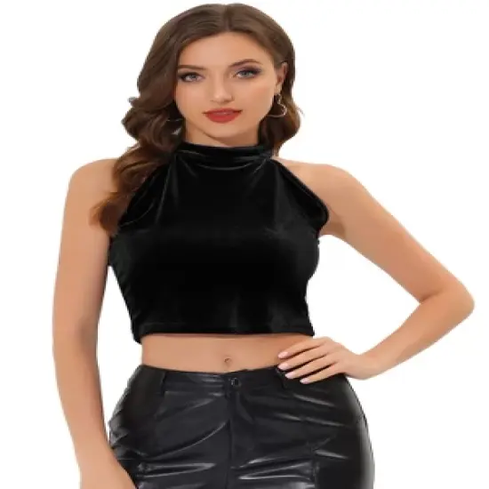 Allegra K Women's Halter Neck Velvet Velour Basic Layering Party Sleeveless Crop Top image {5}