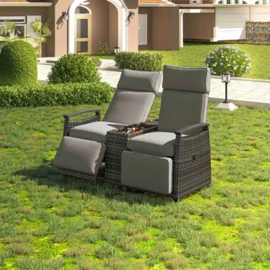 Whisen Patio Recliner Loveseat Chair, Adjustable Backrest Wicker Outdoor Lounge Chair Set with Acacia Wood Armrests and Built-in Storage Table image {12}
