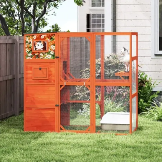 AZL1 Life Concept Pet Crates and Houses Outdoor Cat Enclosure, 4-Tier Window Design, Weatherproof Roof, Orange, 76.18"*33.46"*70.08" image {1}