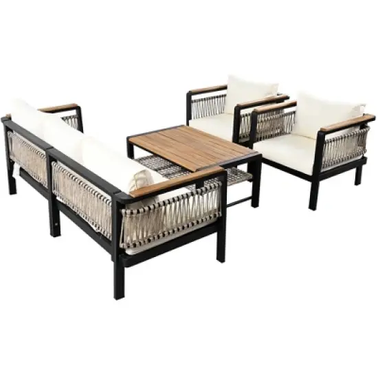 4-Piece Outdoor Sectional Sofa Set, 5-Person Patio Conversation Set with Cushions & Coffee Table - ModernLuxe image {11}
