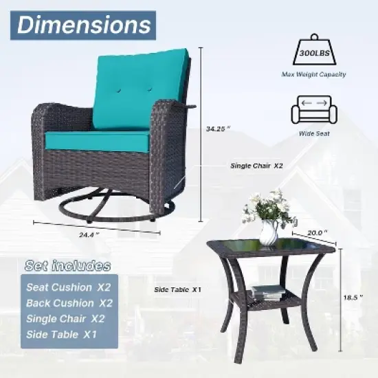 ALAULM Patio Furniture Set Outdoor Swivel Gliders Rocker, Wicker Patio Bistro Set, Rocking Chair with Tempered Glass Table and Thickened Cushions image {3}