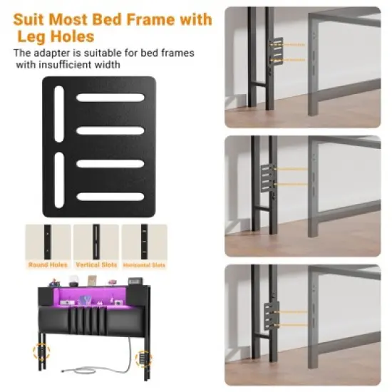 Aheaplus Upholstered Headboard with Storage Shelf and Small Cabinet, Headboard Power Outlet and LED Light image {7}